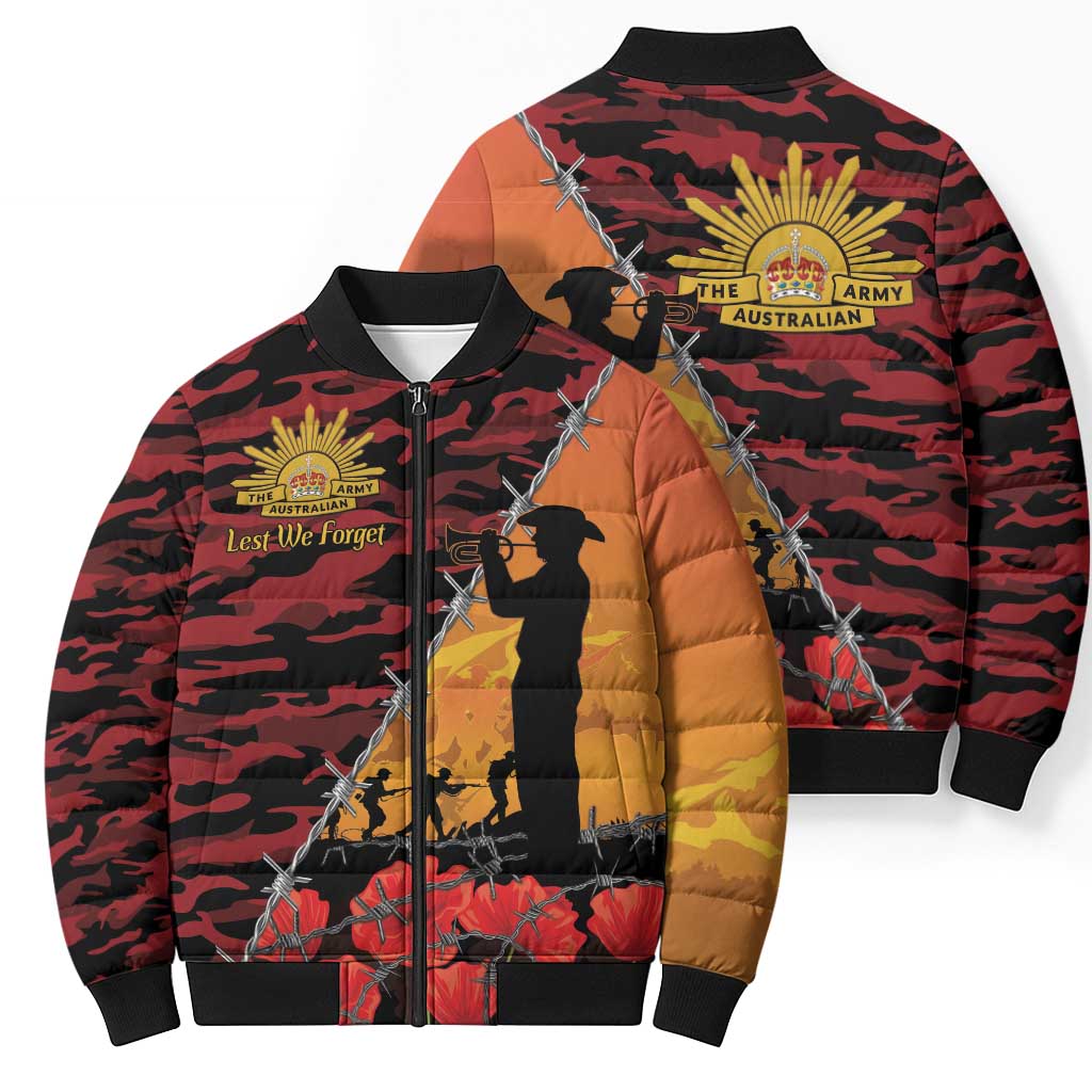 ANZAC Lest We Forget Bomber Puffer Jacket Australian Army Poppy Tribute