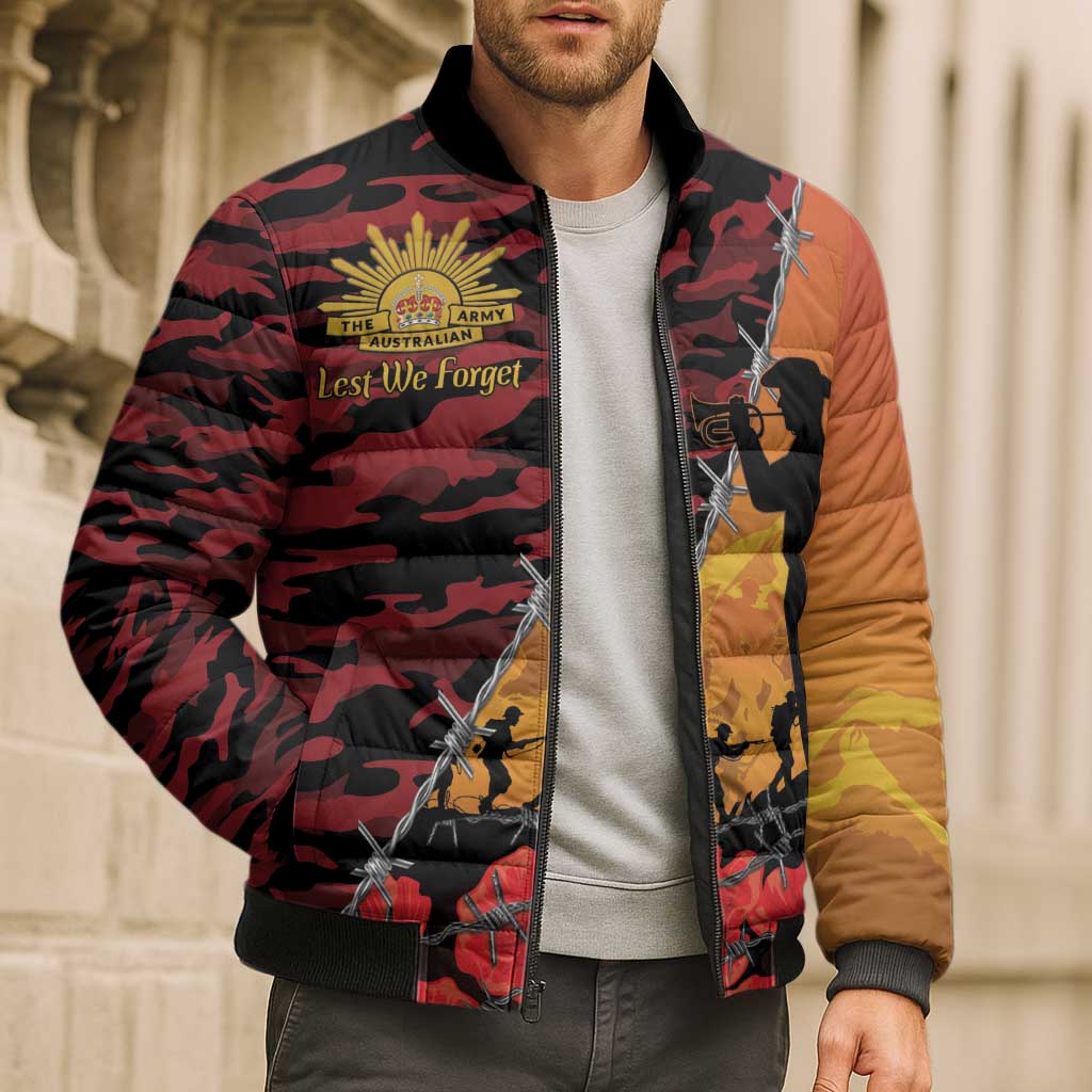 ANZAC Lest We Forget Bomber Puffer Jacket Australian Army Poppy Tribute
