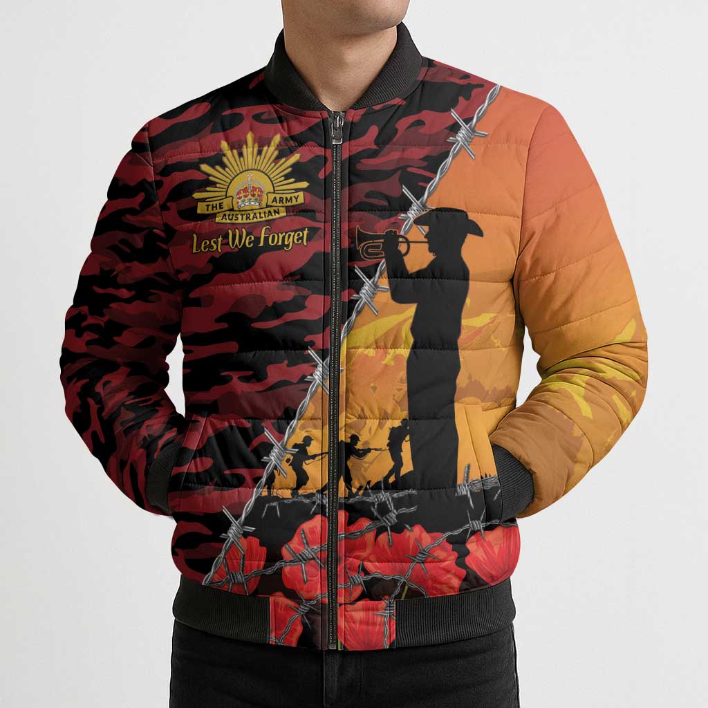 ANZAC Lest We Forget Bomber Puffer Jacket Australian Army Poppy Tribute