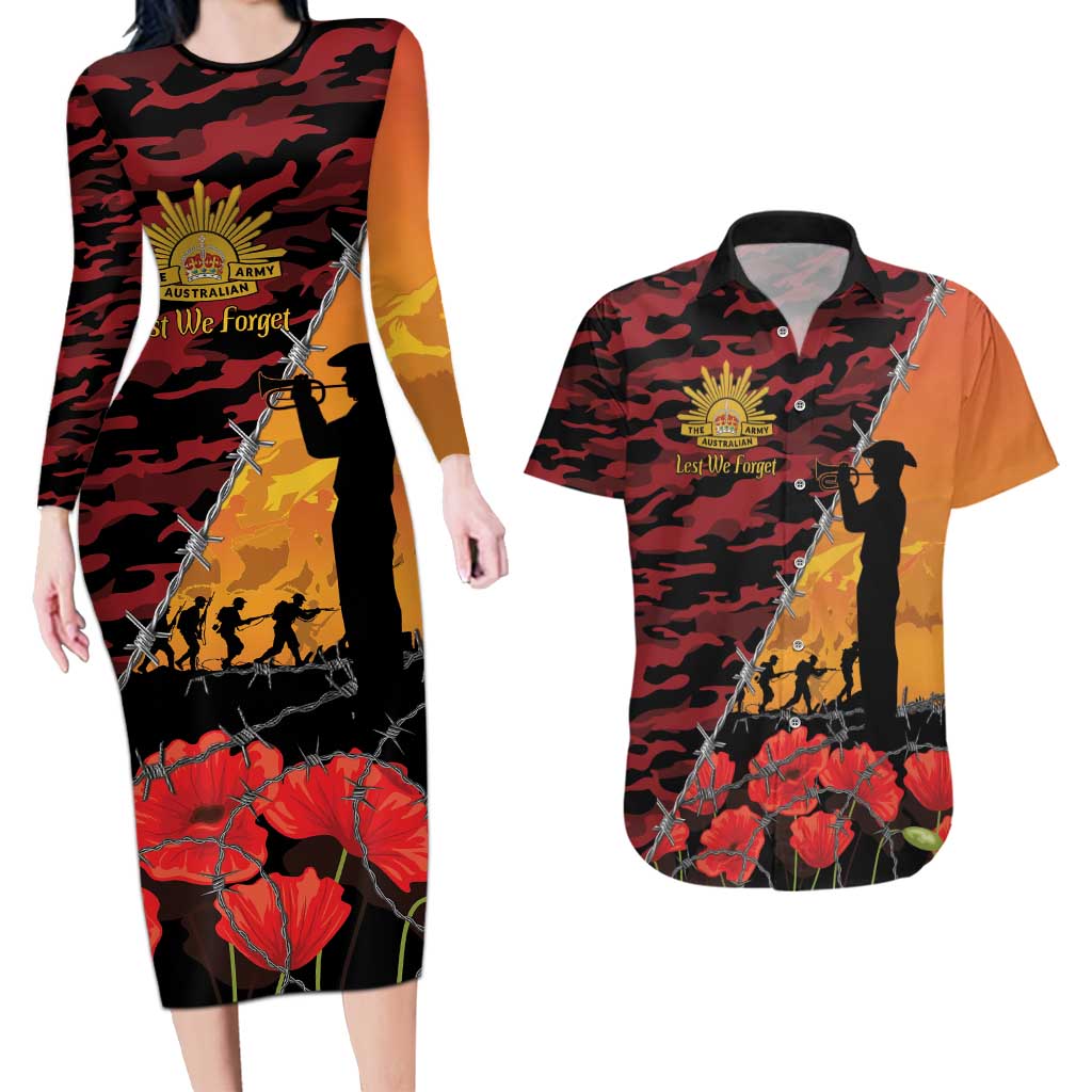 ANZAC Lest We Forget Couples Matching Long Sleeve Bodycon Dress and Hawaiian Shirt Australian Army Poppy Tribute