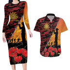 ANZAC Lest We Forget Couples Matching Long Sleeve Bodycon Dress and Hawaiian Shirt Australian Army Poppy Tribute