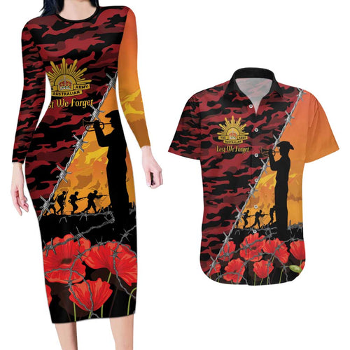ANZAC Lest We Forget Couples Matching Long Sleeve Bodycon Dress and Hawaiian Shirt Australian Army Poppy Tribute