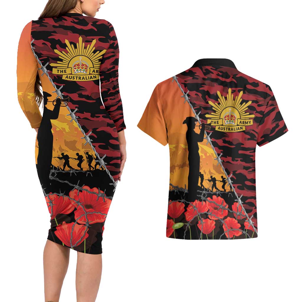 ANZAC Lest We Forget Couples Matching Long Sleeve Bodycon Dress and Hawaiian Shirt Australian Army Poppy Tribute