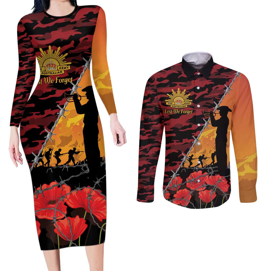 ANZAC Lest We Forget Couples Matching Long Sleeve Bodycon Dress and Long Sleeve Button Shirt Australian Army Poppy Tribute