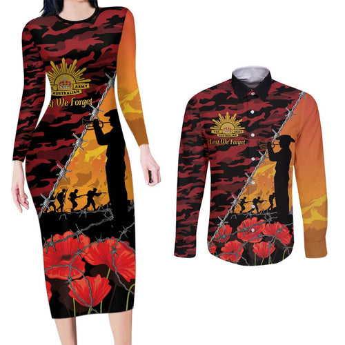 ANZAC Lest We Forget Couples Matching Long Sleeve Bodycon Dress and Long Sleeve Button Shirt Australian Army Poppy Tribute