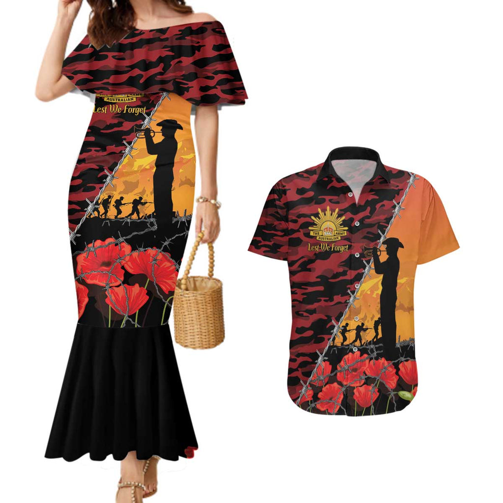 ANZAC Lest We Forget Couples Matching Mermaid Dress and Hawaiian Shirt Australian Army Poppy Tribute