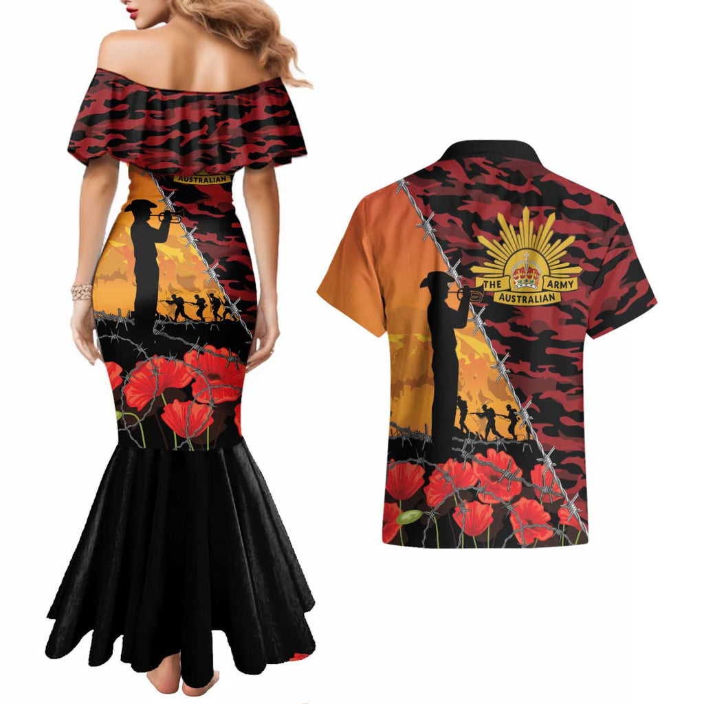ANZAC Lest We Forget Couples Matching Mermaid Dress and Hawaiian Shirt Australian Army Poppy Tribute