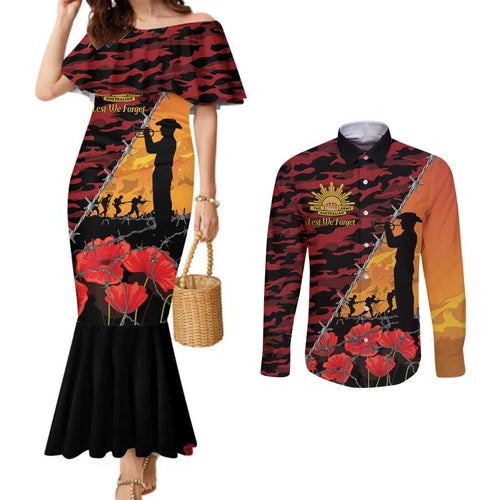 ANZAC Lest We Forget Couples Matching Mermaid Dress and Long Sleeve Button Shirt Australian Army Poppy Tribute