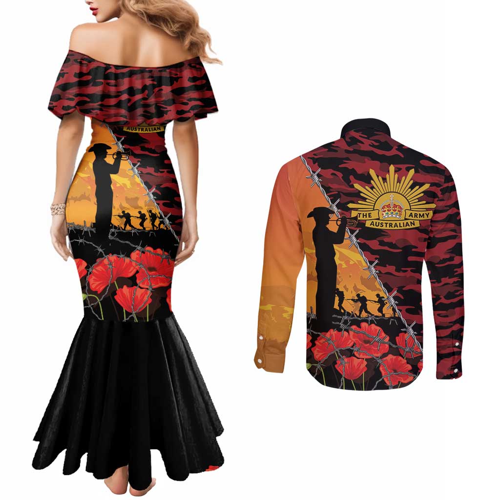 ANZAC Lest We Forget Couples Matching Mermaid Dress and Long Sleeve Button Shirt Australian Army Poppy Tribute