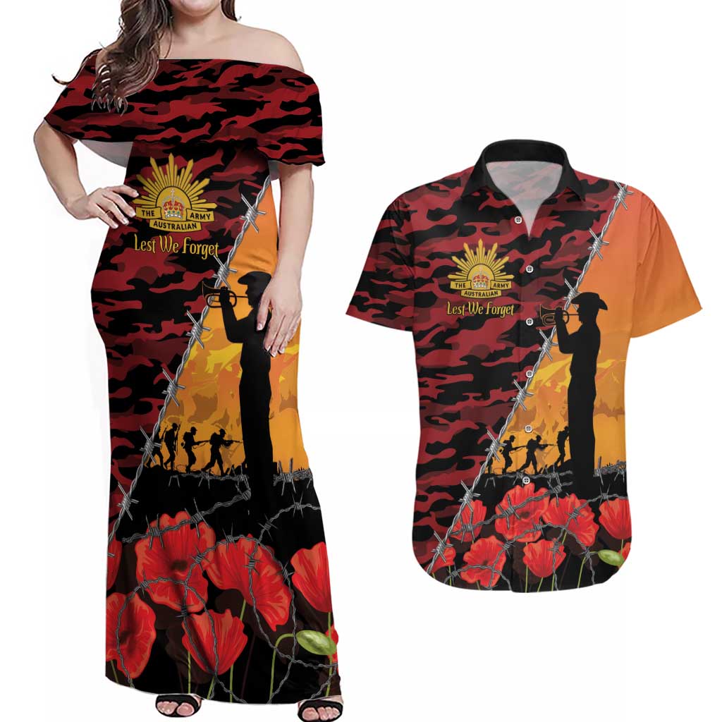 ANZAC Lest We Forget Couples Matching Off Shoulder Maxi Dress and Hawaiian Shirt Australian Army Poppy Tribute