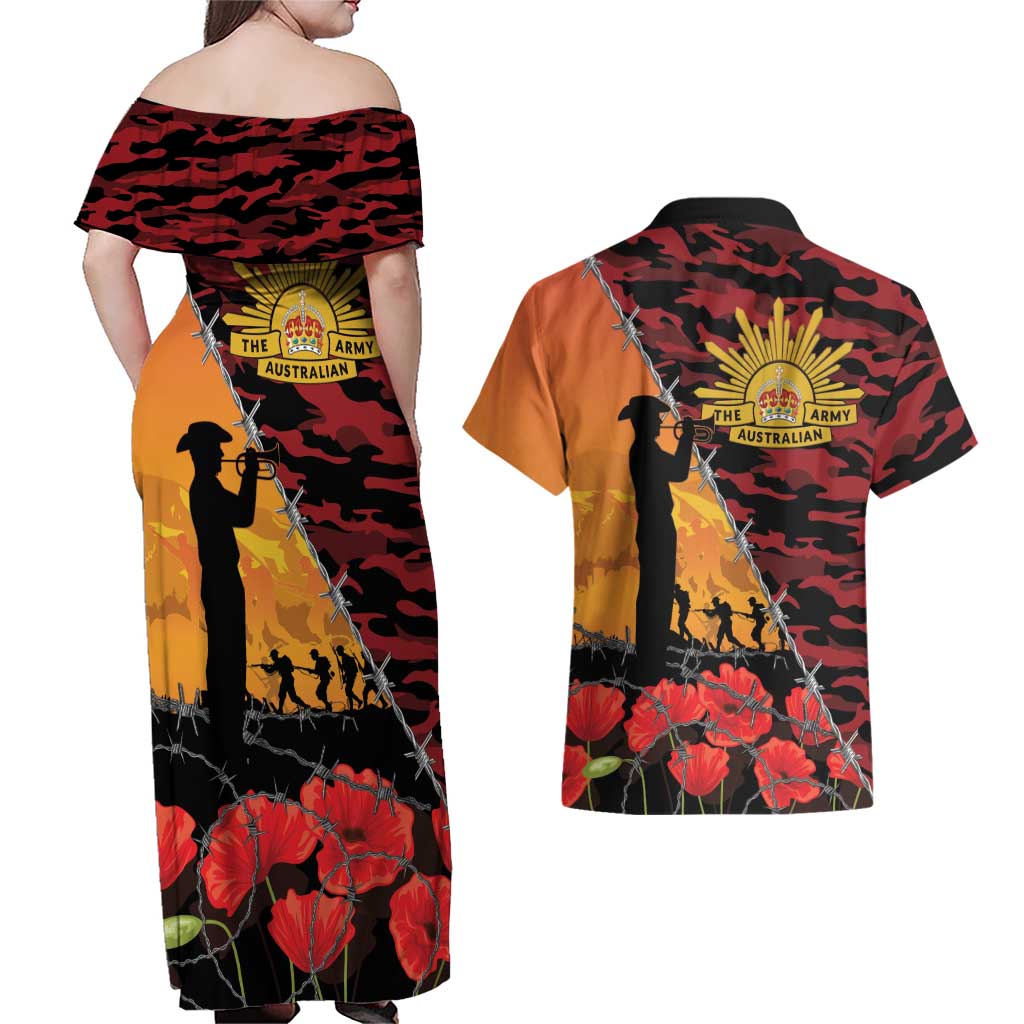 ANZAC Lest We Forget Couples Matching Off Shoulder Maxi Dress and Hawaiian Shirt Australian Army Poppy Tribute