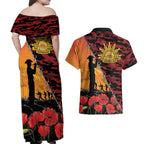 ANZAC Lest We Forget Couples Matching Off Shoulder Maxi Dress and Hawaiian Shirt Australian Army Poppy Tribute