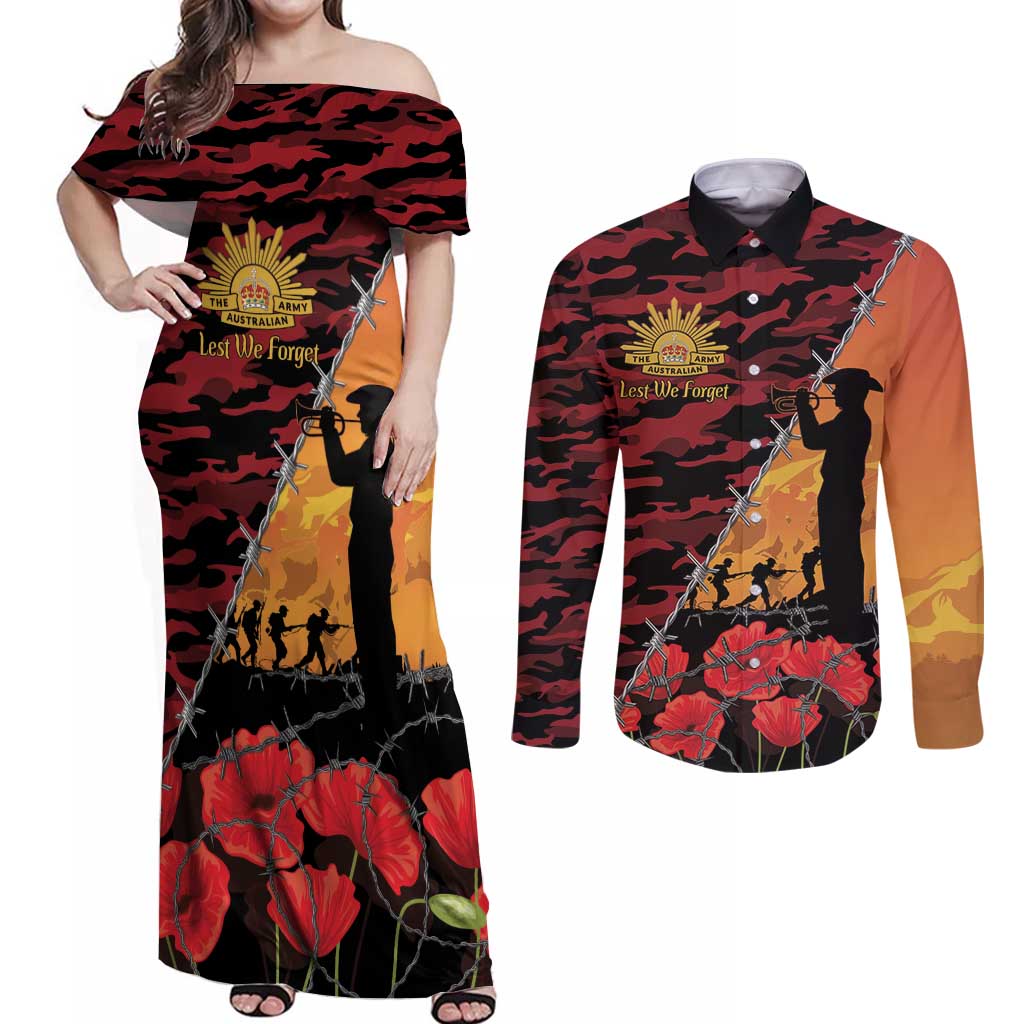 ANZAC Lest We Forget Couples Matching Off Shoulder Maxi Dress and Long Sleeve Button Shirt Australian Army Poppy Tribute