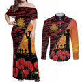 ANZAC Lest We Forget Couples Matching Off Shoulder Maxi Dress and Long Sleeve Button Shirt Australian Army Poppy Tribute