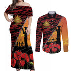 ANZAC Lest We Forget Couples Matching Off Shoulder Maxi Dress and Long Sleeve Button Shirt Australian Army Poppy Tribute