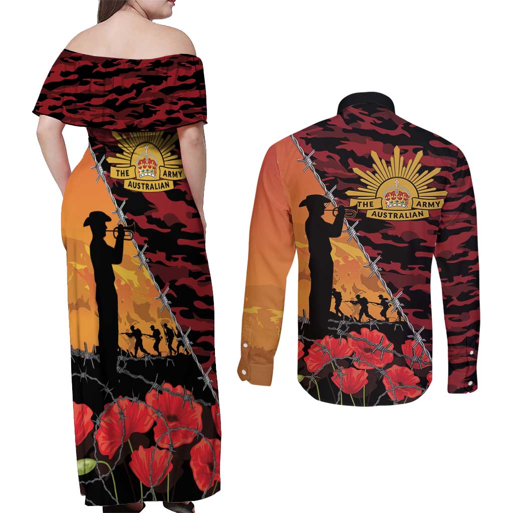 ANZAC Lest We Forget Couples Matching Off Shoulder Maxi Dress and Long Sleeve Button Shirt Australian Army Poppy Tribute