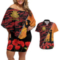 ANZAC Lest We Forget Couples Matching Off Shoulder Short Dress and Hawaiian Shirt Australian Army Poppy Tribute