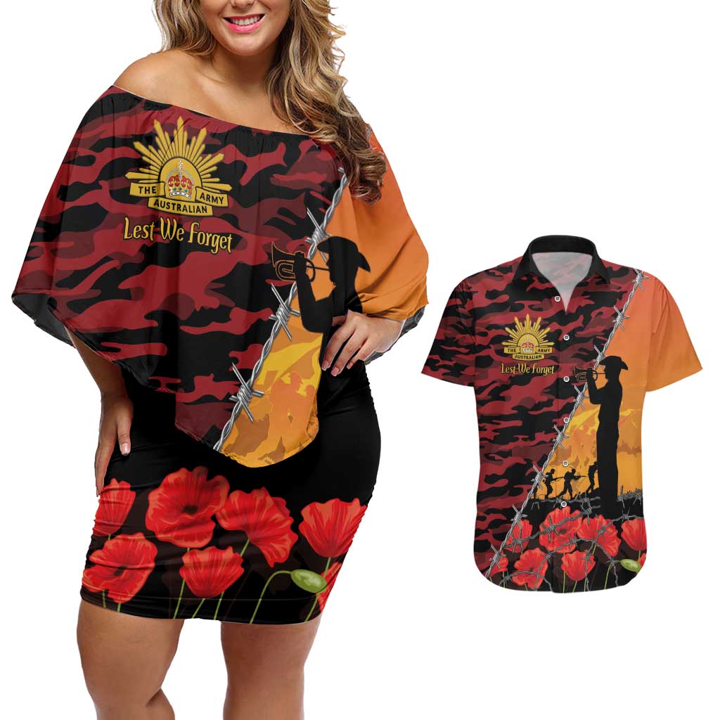 ANZAC Lest We Forget Couples Matching Off Shoulder Short Dress and Hawaiian Shirt Australian Army Poppy Tribute