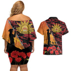ANZAC Lest We Forget Couples Matching Off Shoulder Short Dress and Hawaiian Shirt Australian Army Poppy Tribute