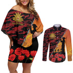 ANZAC Lest We Forget Couples Matching Off Shoulder Short Dress and Long Sleeve Button Shirt Australian Army Poppy Tribute