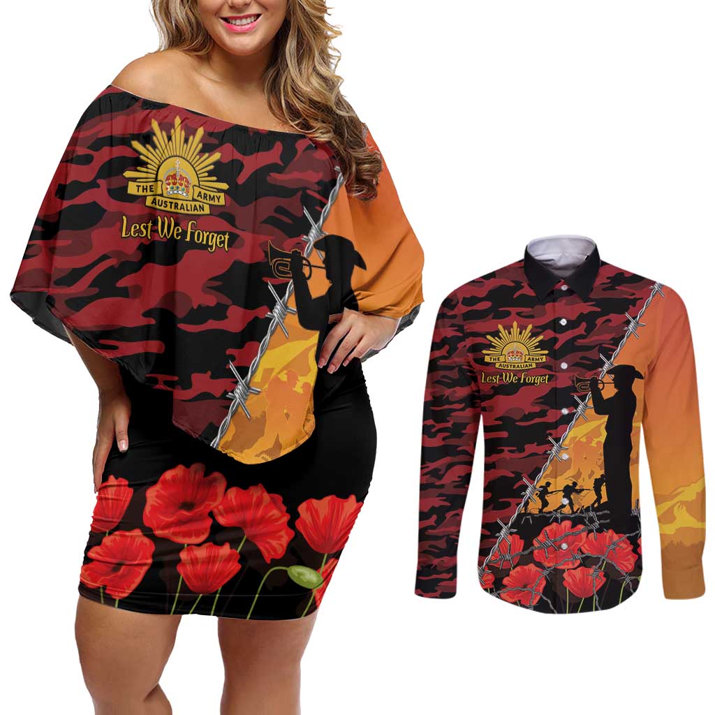 ANZAC Lest We Forget Couples Matching Off Shoulder Short Dress and Long Sleeve Button Shirt Australian Army Poppy Tribute