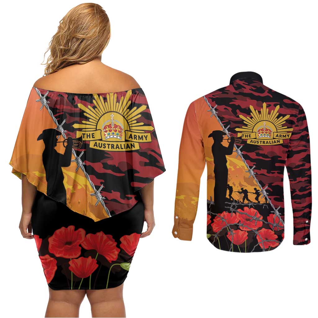 ANZAC Lest We Forget Couples Matching Off Shoulder Short Dress and Long Sleeve Button Shirt Australian Army Poppy Tribute