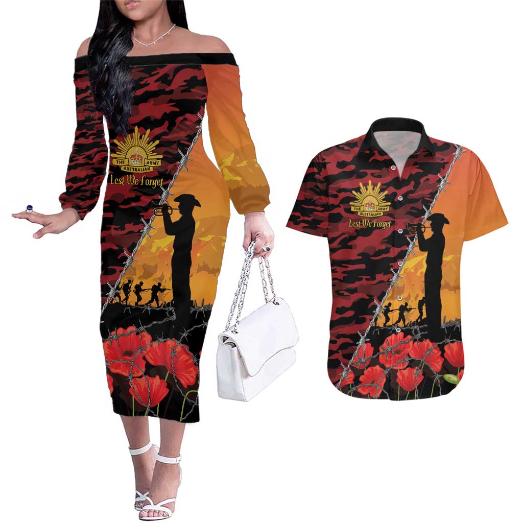 ANZAC Lest We Forget Couples Matching Off The Shoulder Long Sleeve Dress and Hawaiian Shirt Australian Army Poppy Tribute
