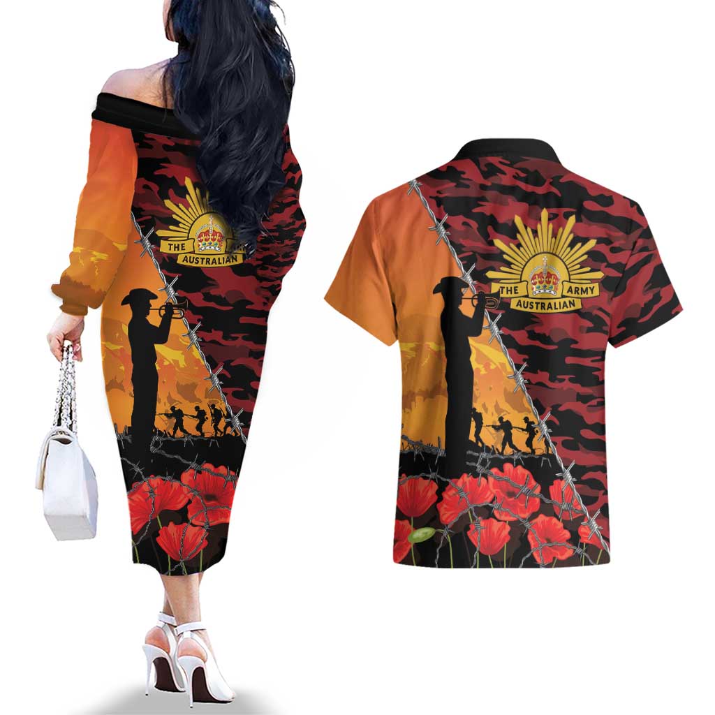 ANZAC Lest We Forget Couples Matching Off The Shoulder Long Sleeve Dress and Hawaiian Shirt Australian Army Poppy Tribute