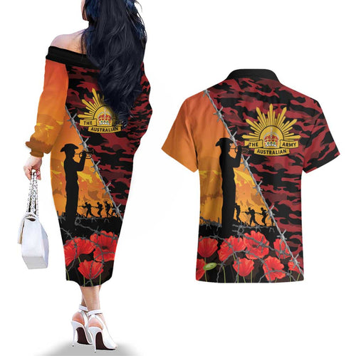ANZAC Lest We Forget Couples Matching Off The Shoulder Long Sleeve Dress and Hawaiian Shirt Australian Army Poppy Tribute
