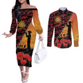 ANZAC Lest We Forget Couples Matching Off The Shoulder Long Sleeve Dress and Long Sleeve Button Shirt Australian Army Poppy Tribute