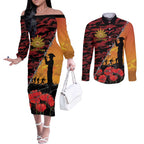 ANZAC Lest We Forget Couples Matching Off The Shoulder Long Sleeve Dress and Long Sleeve Button Shirt Australian Army Poppy Tribute