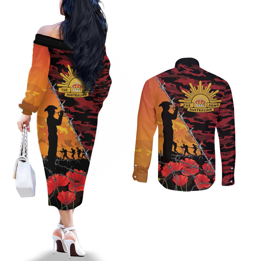 ANZAC Lest We Forget Couples Matching Off The Shoulder Long Sleeve Dress and Long Sleeve Button Shirt Australian Army Poppy Tribute
