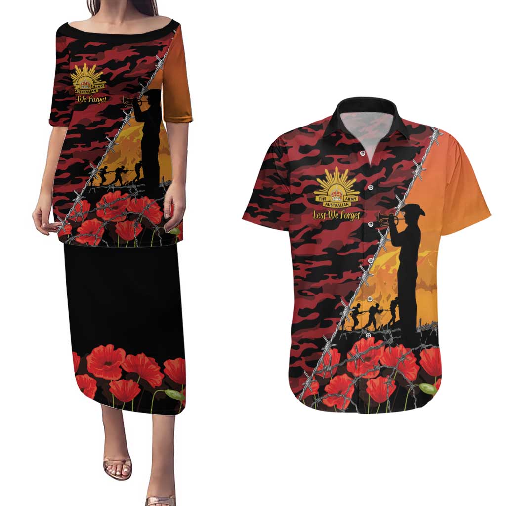 ANZAC Lest We Forget Couples Matching Puletasi and Hawaiian Shirt Australian Army Poppy Tribute