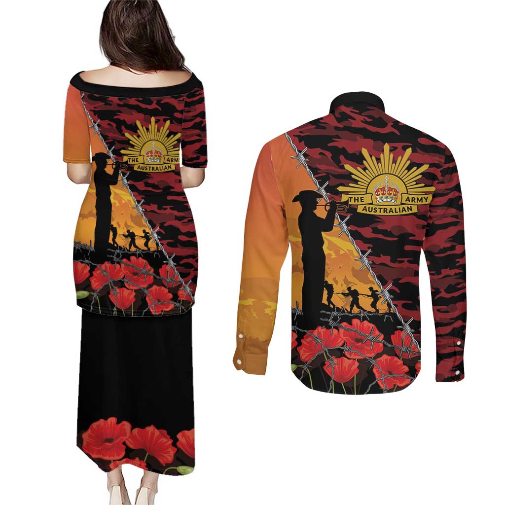 ANZAC Lest We Forget Couples Matching Puletasi and Long Sleeve Button Shirt Australian Army Poppy Tribute