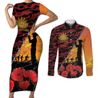 ANZAC Lest We Forget Couples Matching Short Sleeve Bodycon Dress and Long Sleeve Button Shirt Australian Army Poppy Tribute