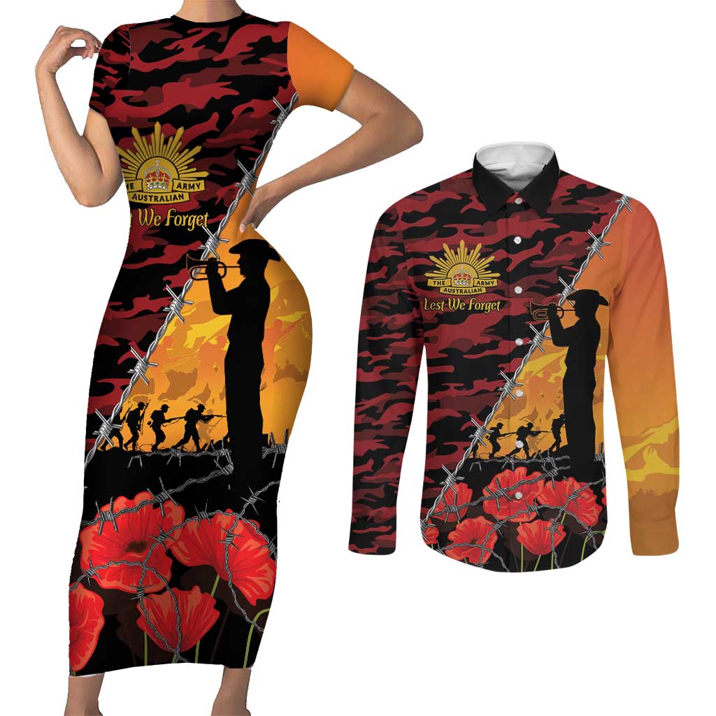 ANZAC Lest We Forget Couples Matching Short Sleeve Bodycon Dress and Long Sleeve Button Shirt Australian Army Poppy Tribute