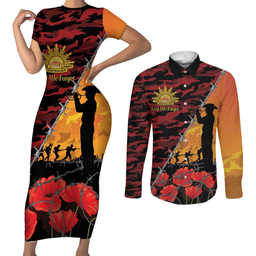 ANZAC Lest We Forget Couples Matching Short Sleeve Bodycon Dress and Long Sleeve Button Shirt Australian Army Poppy Tribute