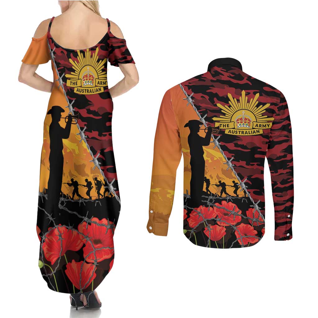 ANZAC Lest We Forget Couples Matching Summer Maxi Dress and Long Sleeve Button Shirt Australian Army Poppy Tribute