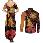 ANZAC Lest We Forget Couples Matching Summer Maxi Dress and Long Sleeve Button Shirt Australian Army Poppy Tribute
