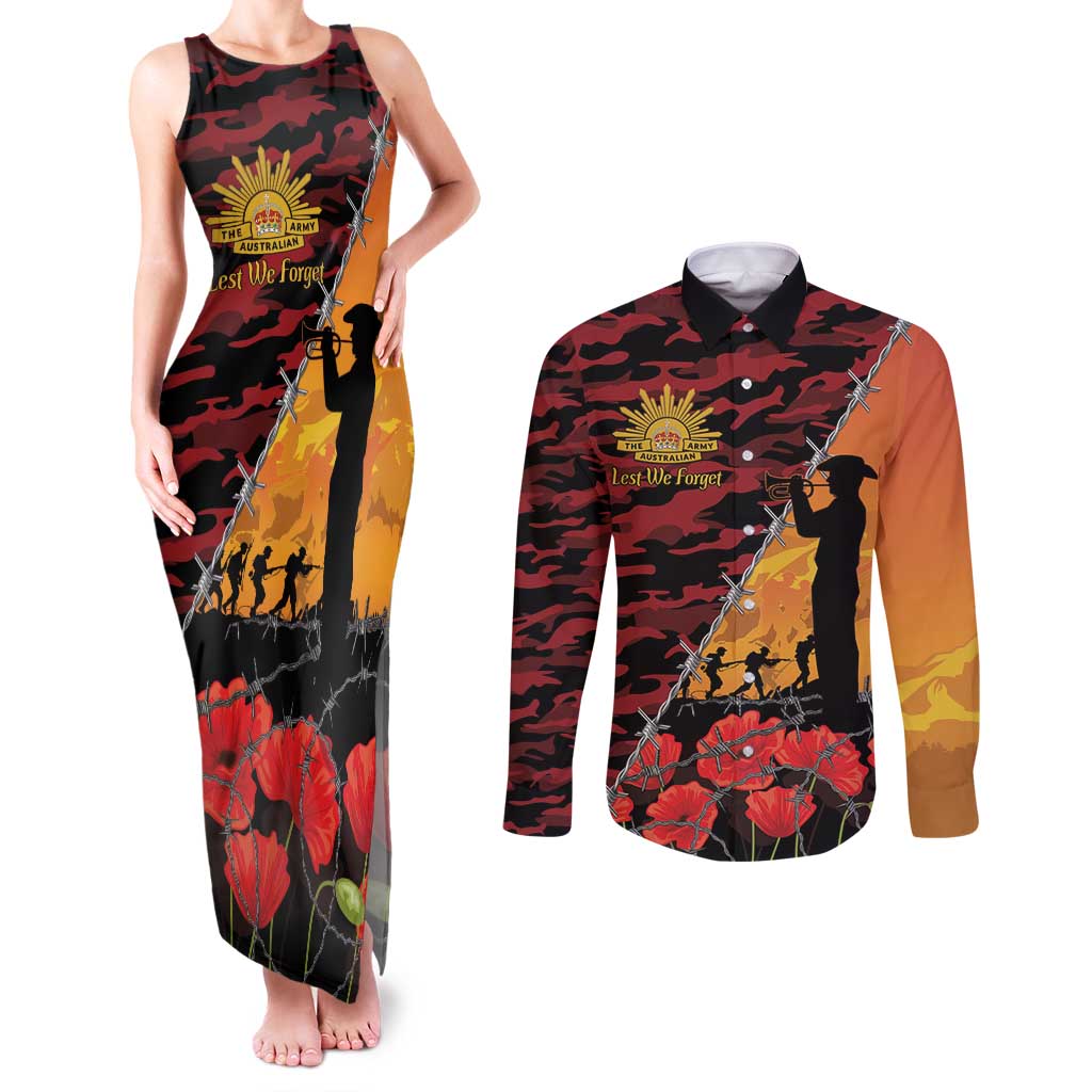 ANZAC Lest We Forget Couples Matching Tank Maxi Dress and Long Sleeve Button Shirt Australian Army Poppy Tribute