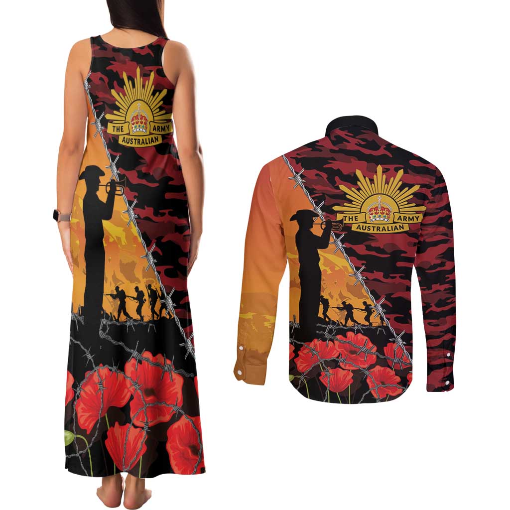 ANZAC Lest We Forget Couples Matching Tank Maxi Dress and Long Sleeve Button Shirt Australian Army Poppy Tribute