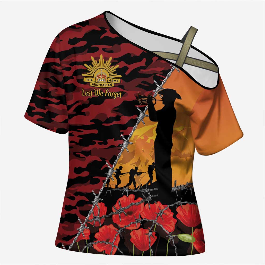 ANZAC Lest We Forget Cross Shoulder Shirt Australian Army Poppy Tribute