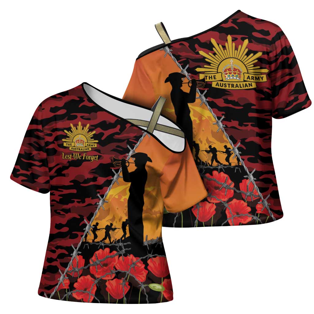 ANZAC Lest We Forget Cross Shoulder Shirt Australian Army Poppy Tribute