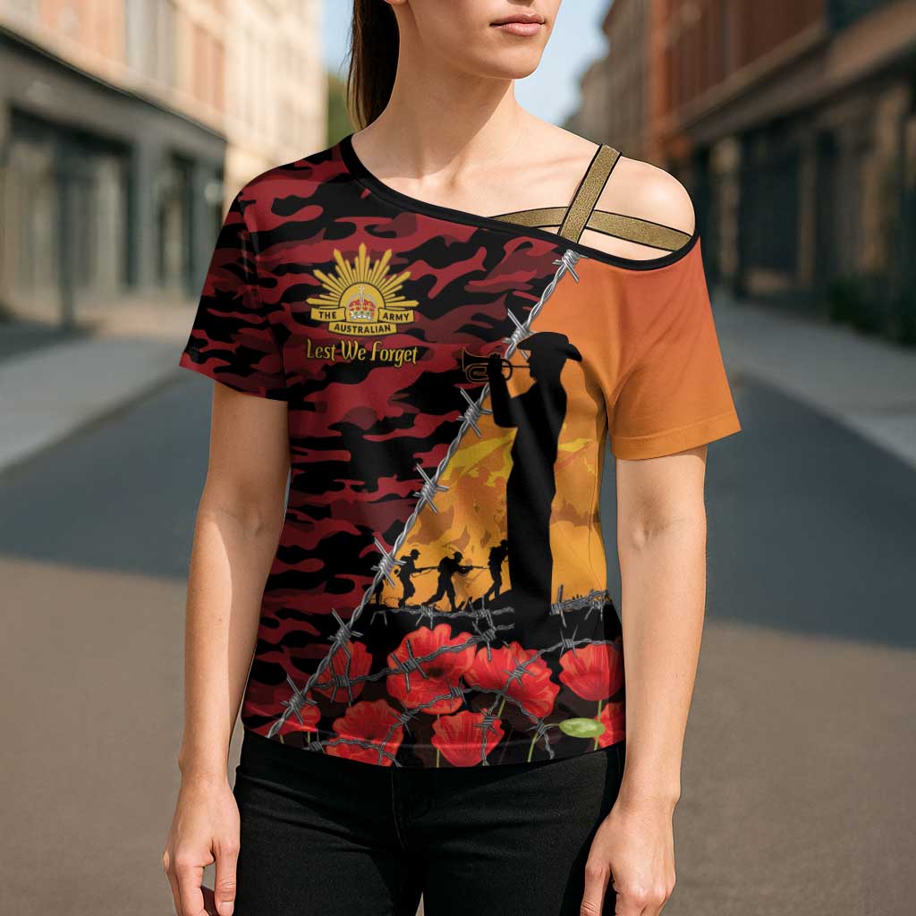 ANZAC Lest We Forget Cross Shoulder Shirt Australian Army Poppy Tribute