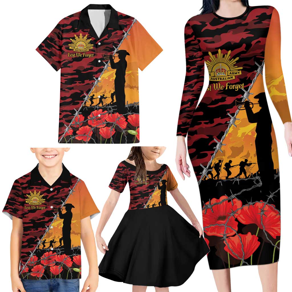 ANZAC Lest We Forget Family Matching Long Sleeve Bodycon Dress and Hawaiian Shirt Australian Army Poppy Tribute