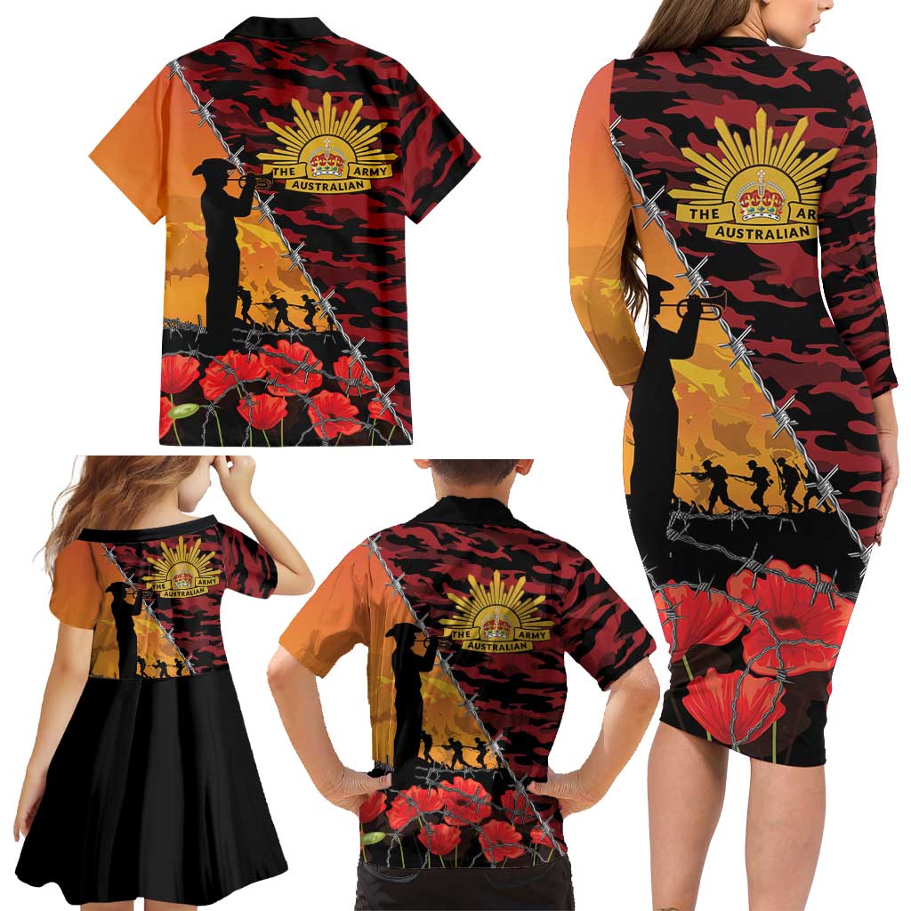 ANZAC Lest We Forget Family Matching Long Sleeve Bodycon Dress and Hawaiian Shirt Australian Army Poppy Tribute