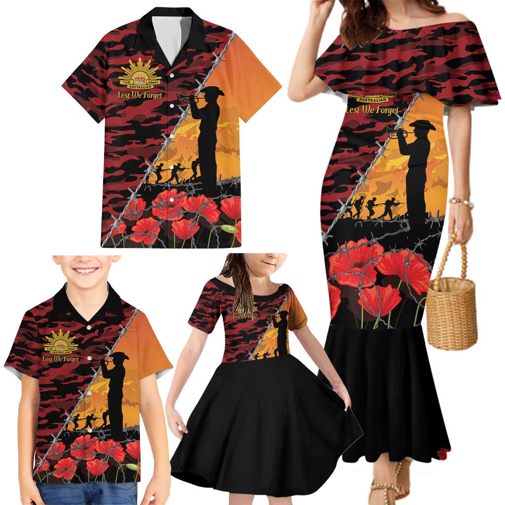 ANZAC Lest We Forget Family Matching Mermaid Dress and Hawaiian Shirt Australian Army Poppy Tribute