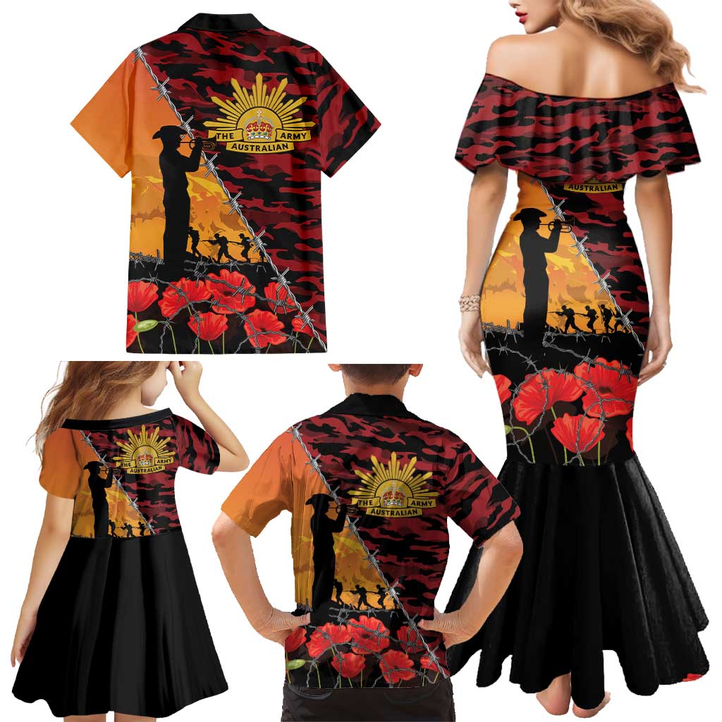 ANZAC Lest We Forget Family Matching Mermaid Dress and Hawaiian Shirt Australian Army Poppy Tribute
