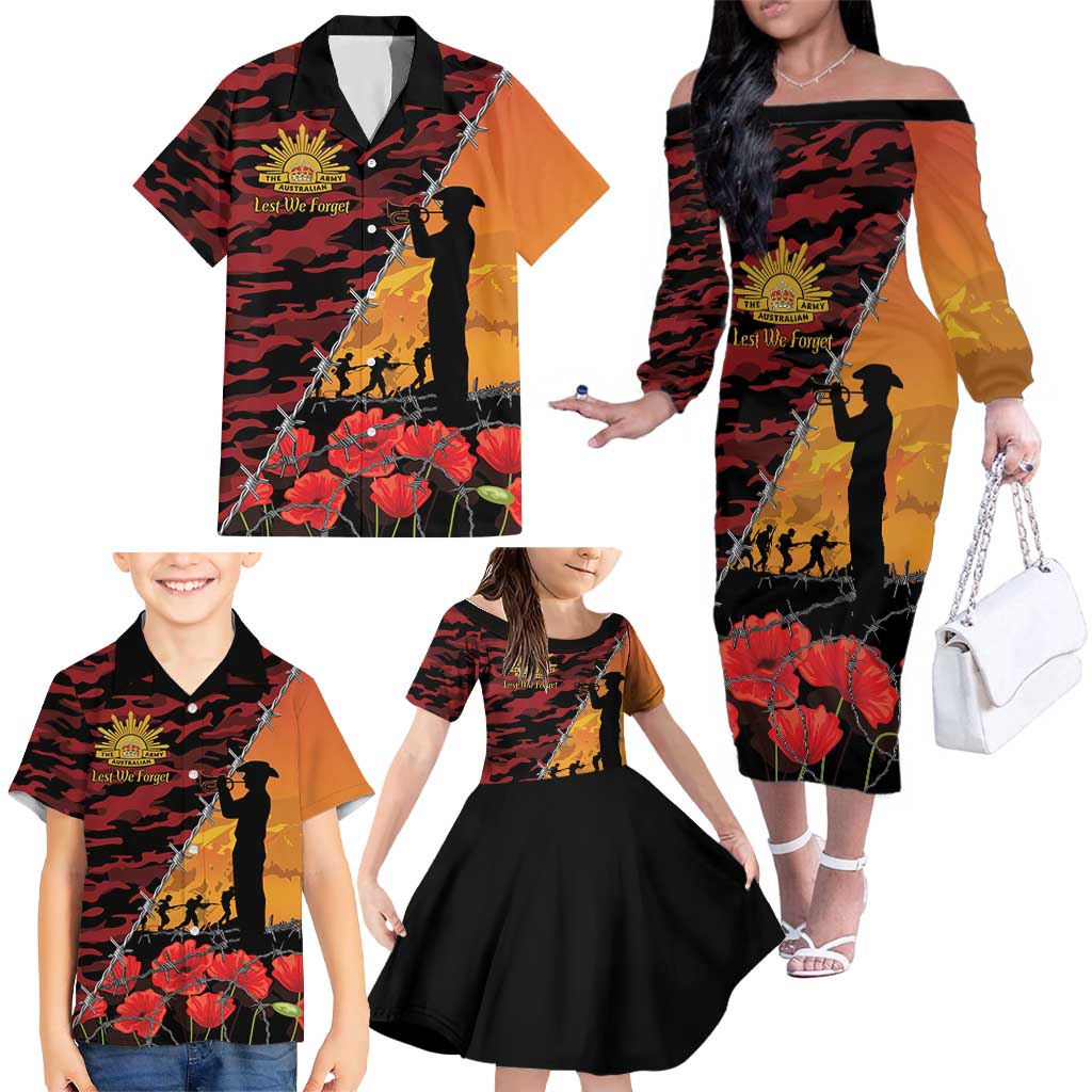 ANZAC Lest We Forget Family Matching Off The Shoulder Long Sleeve Dress and Hawaiian Shirt Australian Army Poppy Tribute