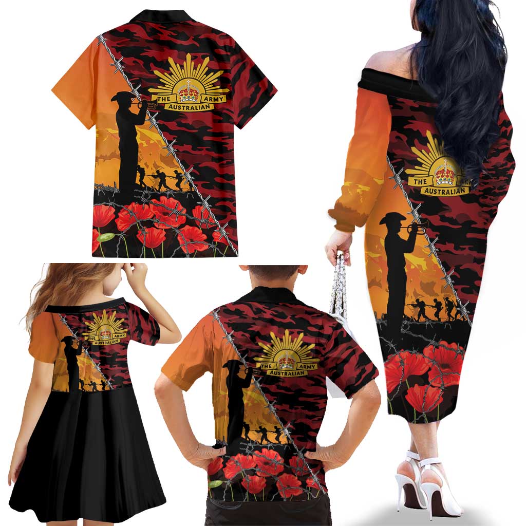 ANZAC Lest We Forget Family Matching Off The Shoulder Long Sleeve Dress and Hawaiian Shirt Australian Army Poppy Tribute